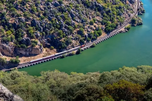 Scenic journey alongside the Douro River through the vineyard-covered hills of Portugal's Douro Valley