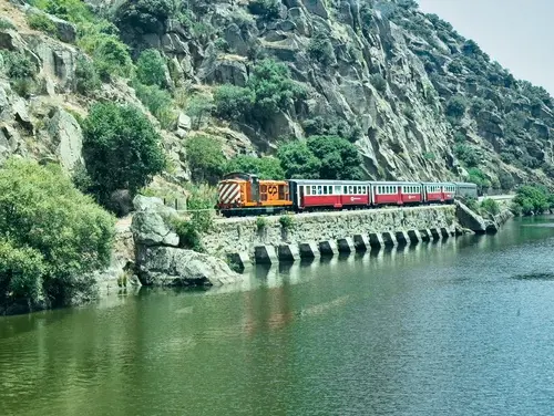 Scenic train travelling alongside the Douro River through Portugal's Douro Valley