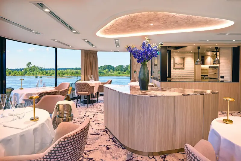 Restaurant onboard VIVA BEYOND with contemporary dining area and river views